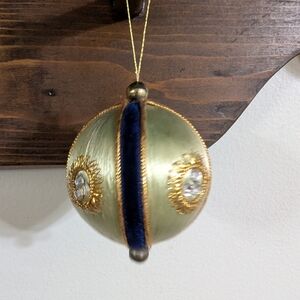 Vintage MCM Handmade Push Pin Satin Christmas Ornament - Blue Velvet & Gold Trim